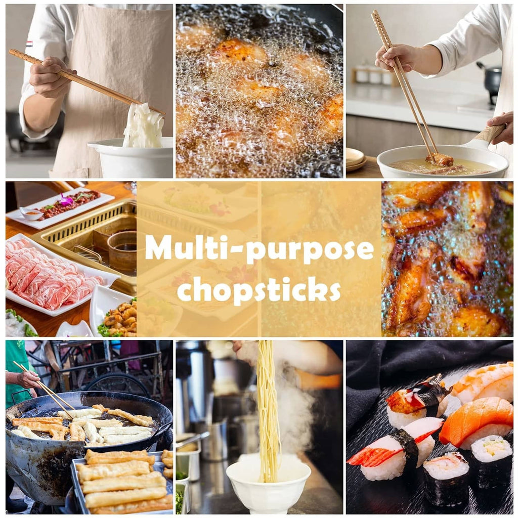Beech wood chopsticks used for food handling, shown in multiple kitchen cooking scenes