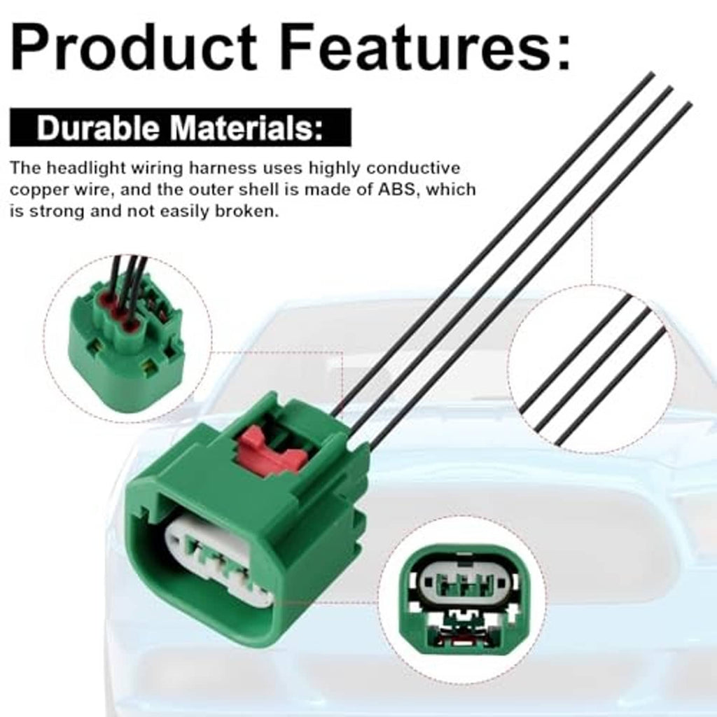 Green headlight wiring harness plug with 3-pin socket, red insert, and black wires