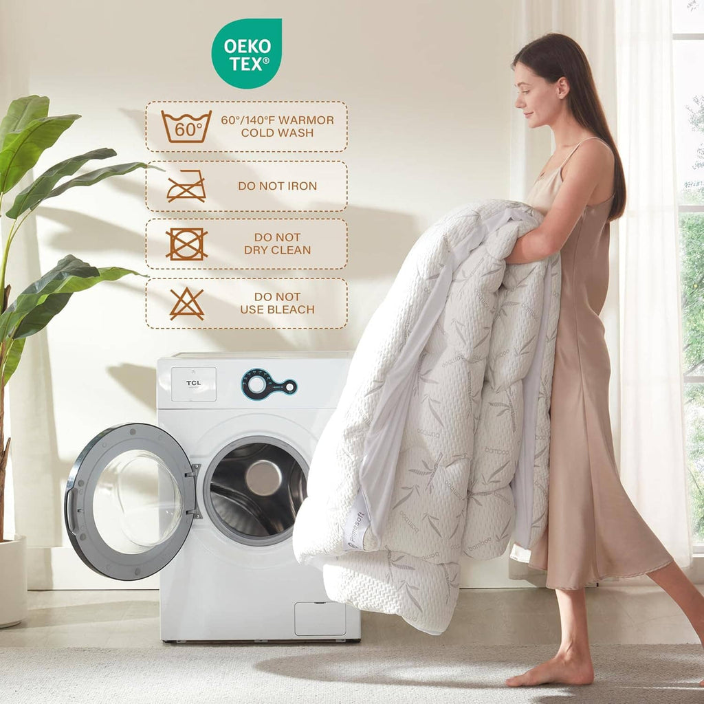 White quilted mattress topper being lifted or folded for care