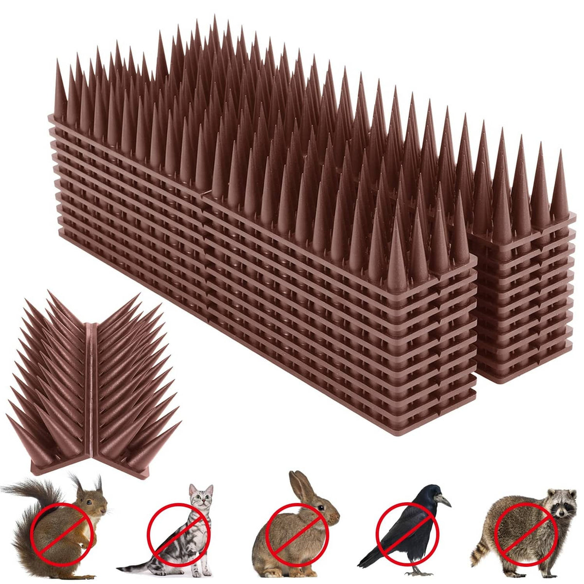 Brown bird deterrent spike strip with multiple upright cones, rectangular base