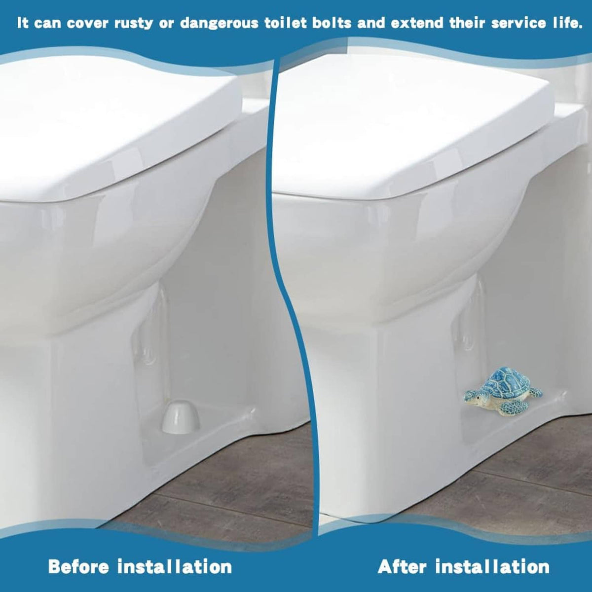 Blue turtle-shaped toilet bolt cover near a white toilet base, before and after