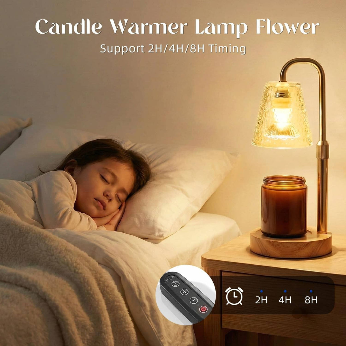 Candle warmer lamp with gold frame, clear glass shade, remote timer beside it