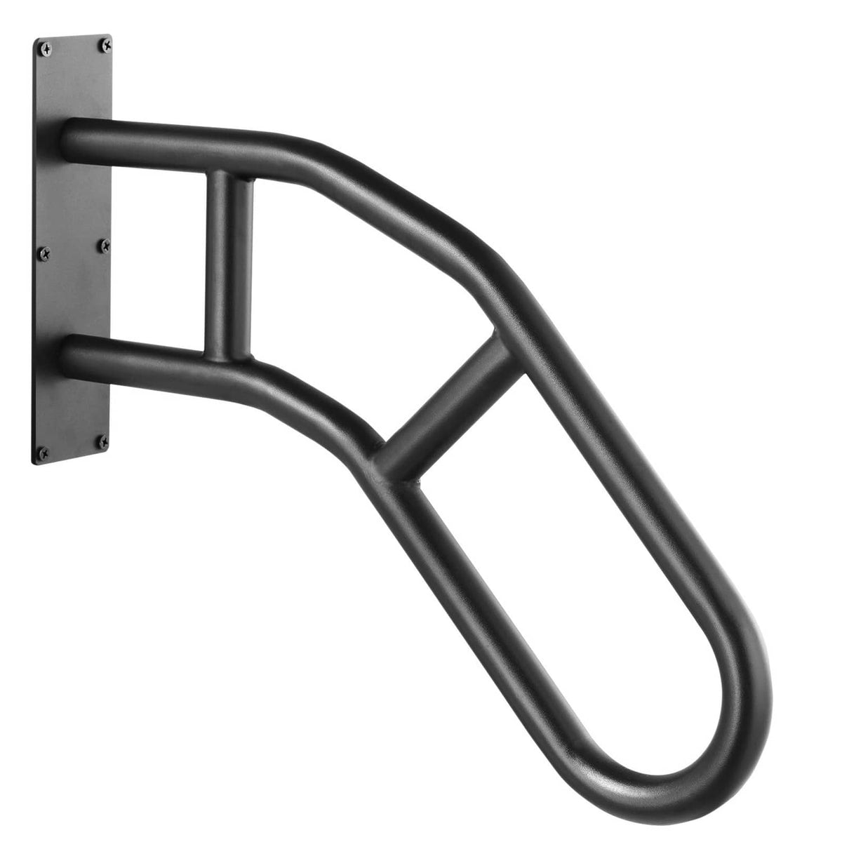 Wall-mounted safety grab bar with curved dual hand grips and side mounting plate
