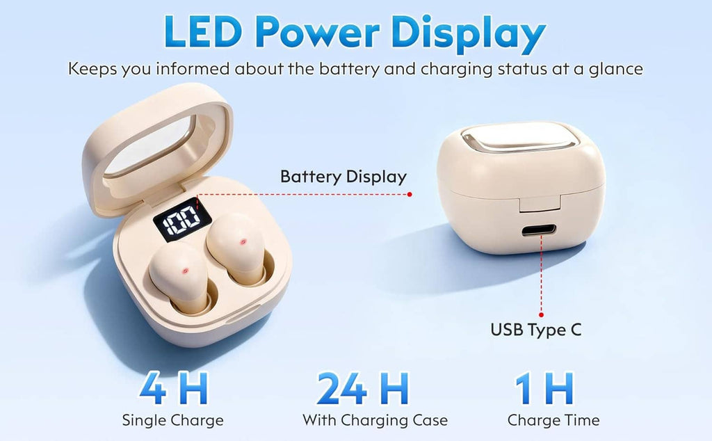 Mini sleep earbuds charging case with LED power display and two earbuds inside