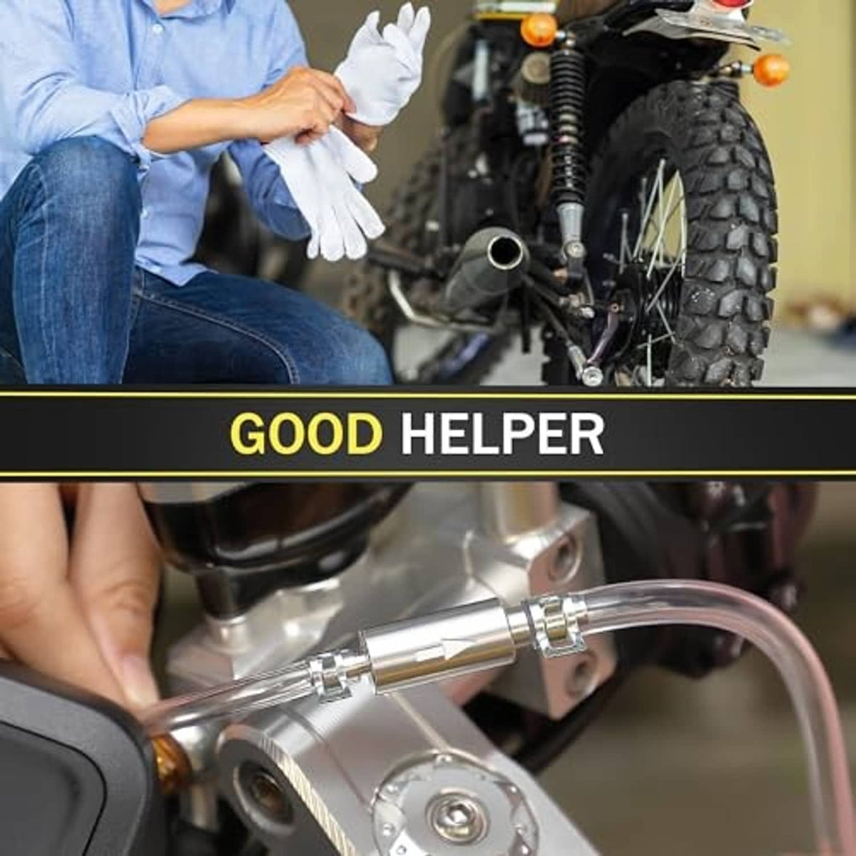 Motorcycle brake bleeder nozzle with attached clear hose on front brake hardware