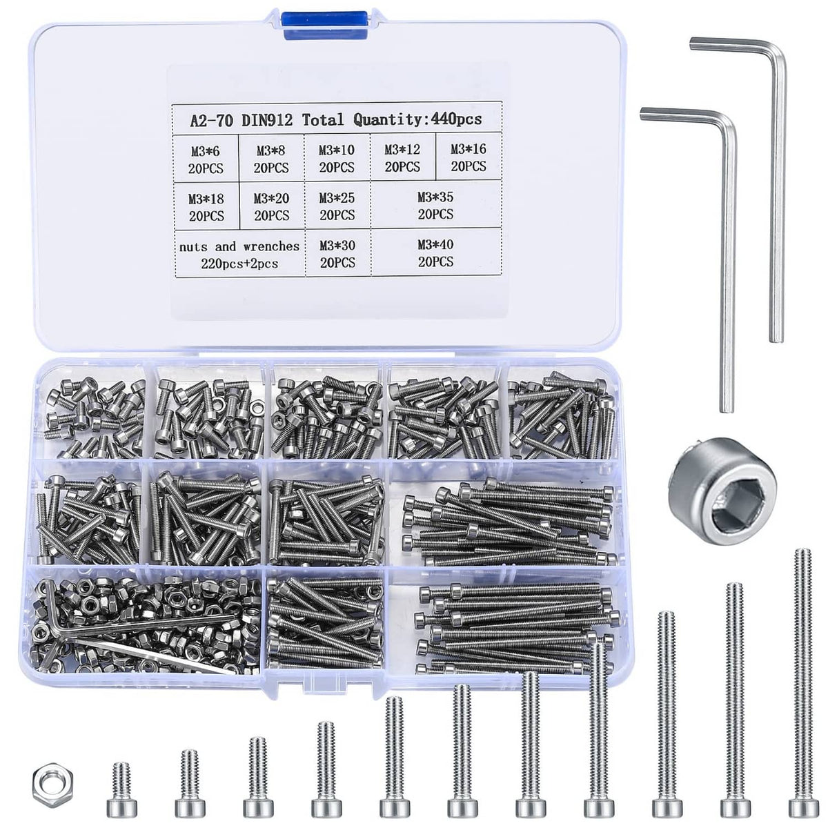 Plastic storage box of silver M3 hex socket head screws and nuts, plus size chart