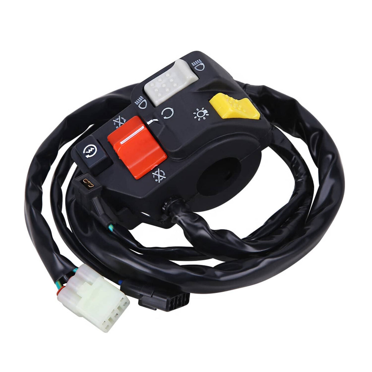 Handlebar switch assembly with icon buttons, yellow rocker, red switch, and connector