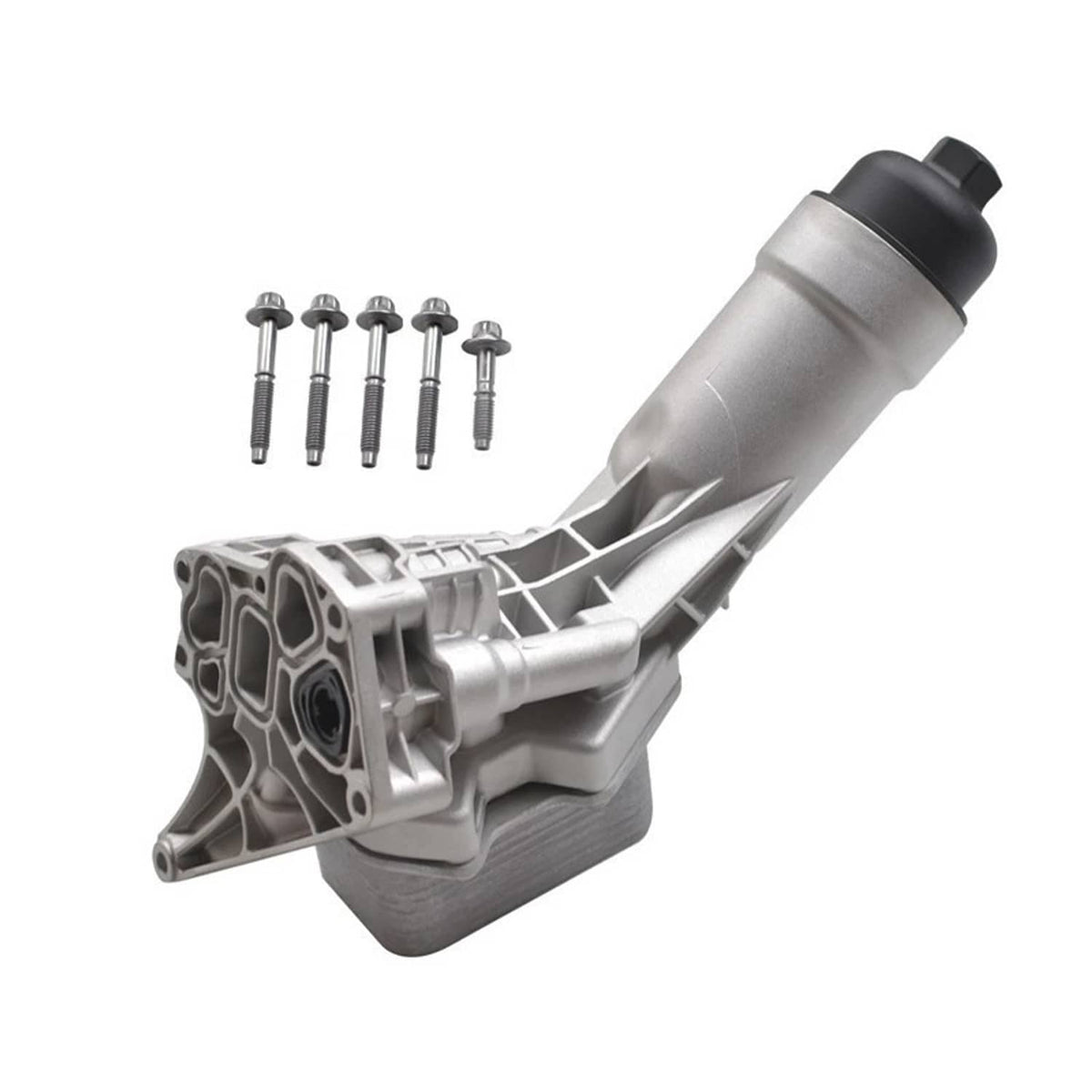 Oil cooler filter housing with black end cap and mounting holes, plus included bolts