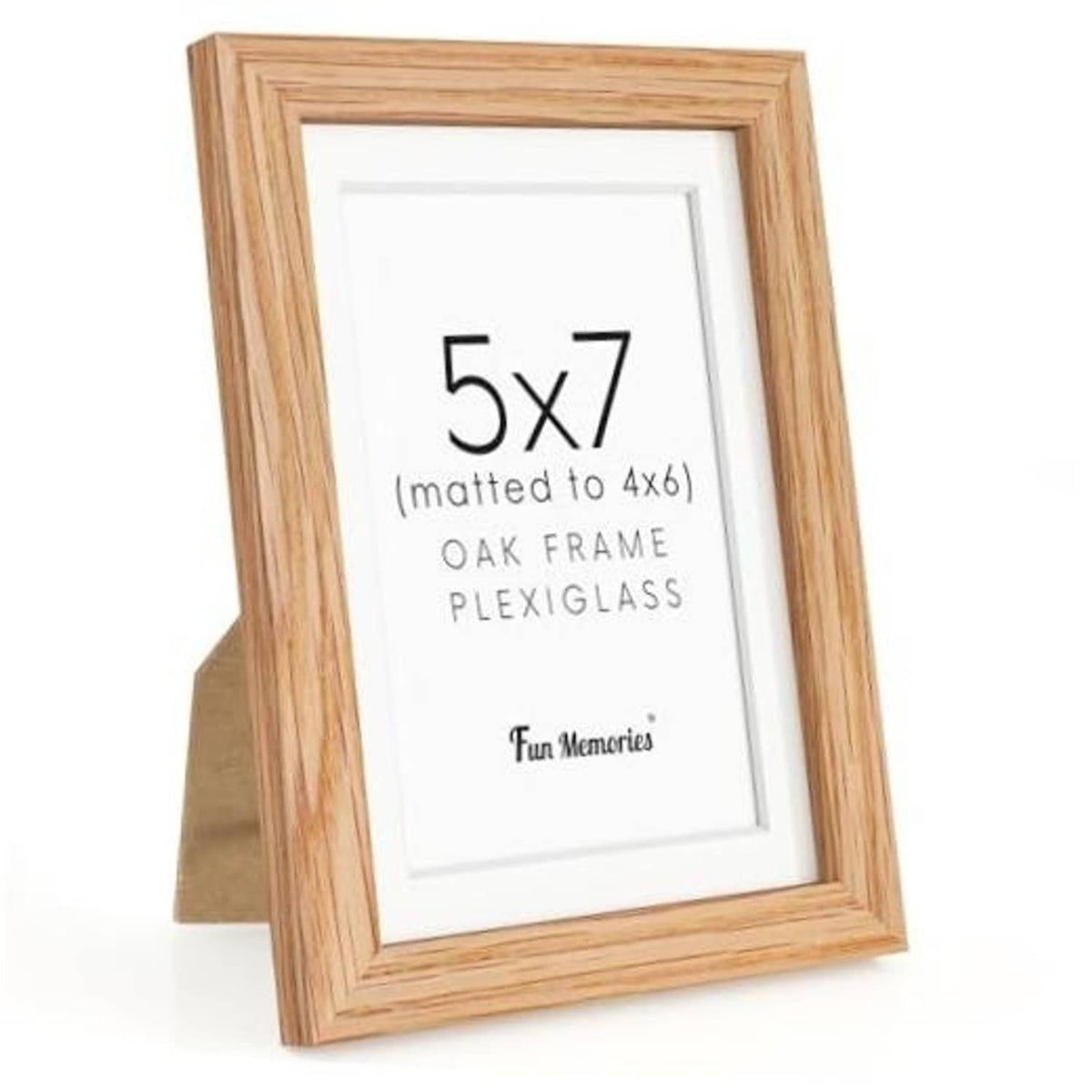 Oak 5x7 picture frame with white mat, clear plexiglass front, easel-style stand