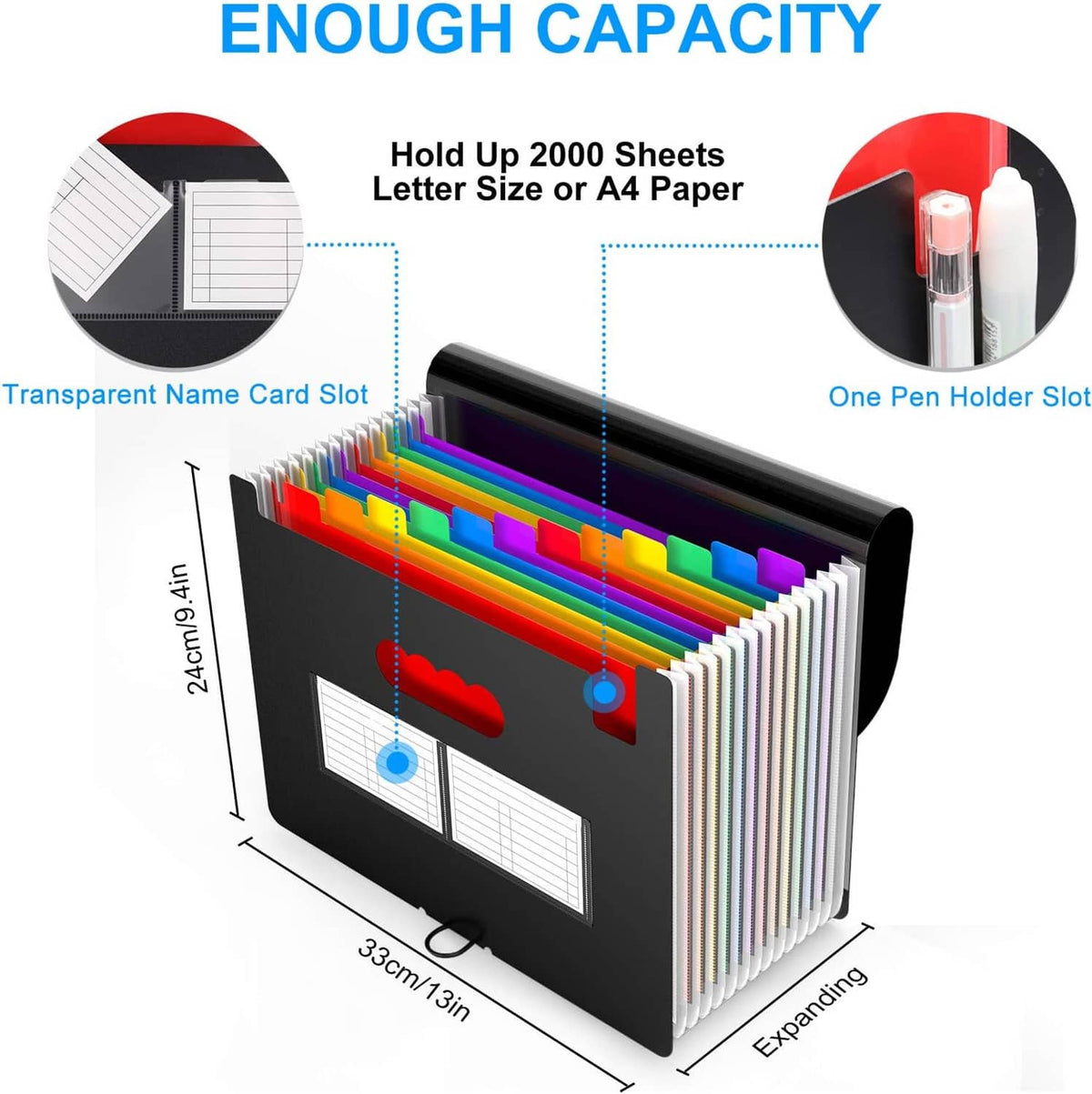 Expanding desktop file folder with colorful pockets and transparent name card slot