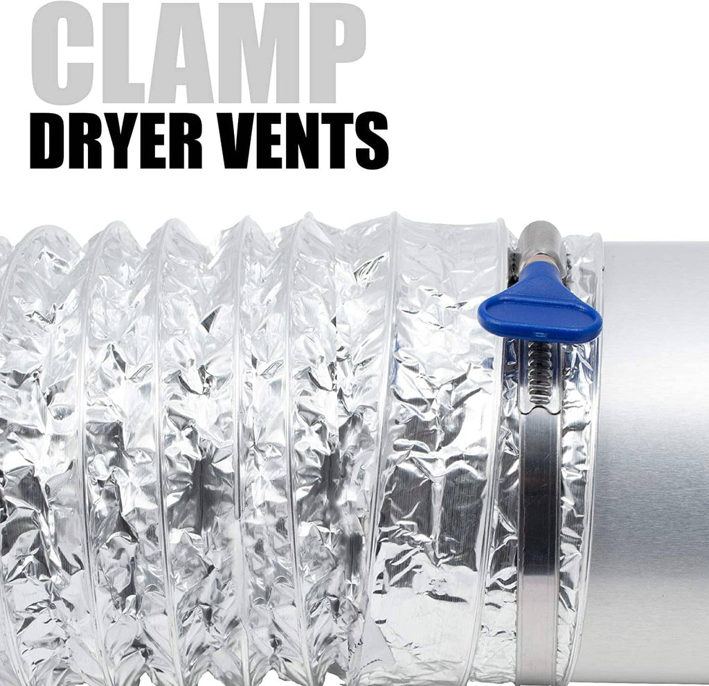 Stainless hose clamp with blue thumb screw on vent hose sleeve
