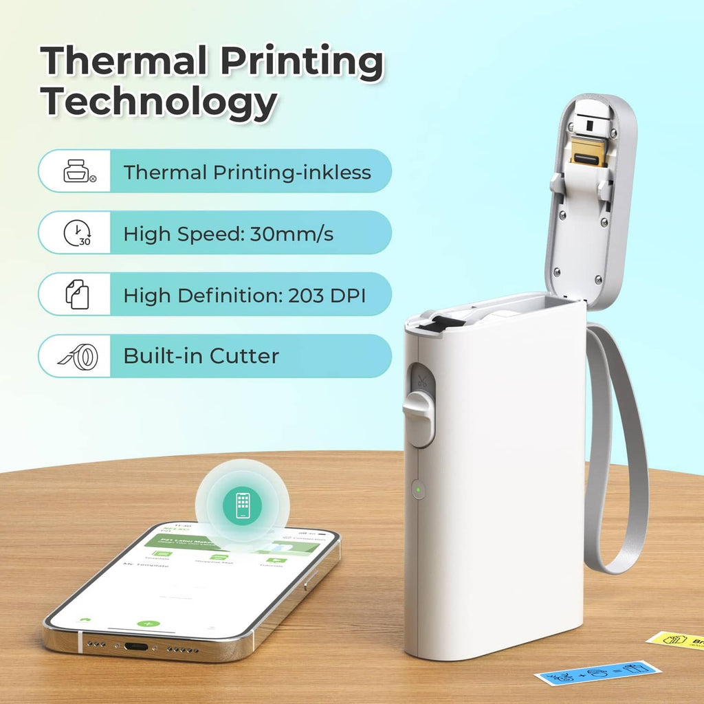Thermal label printer with built-in cutter and feature icons for high-speed printing