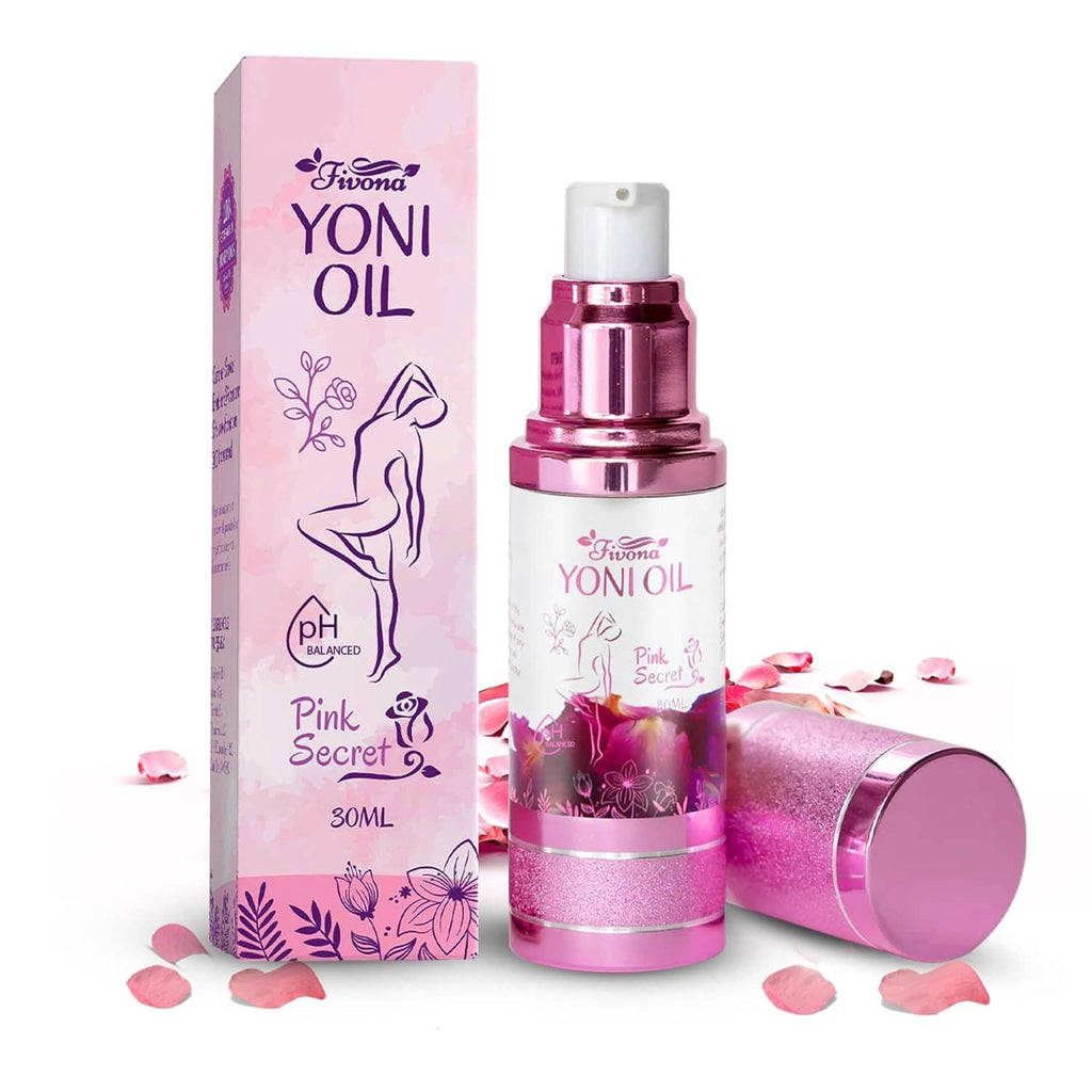 Pink feminine care oil bottle with metallic pump and matching pink box, 30 ml
