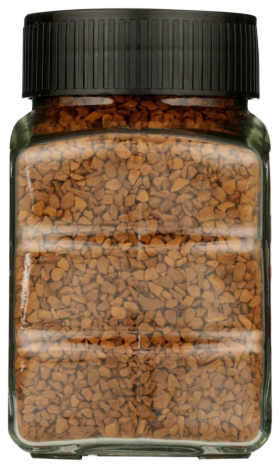 Instant coffee jar with dark roast beans inside clear glass and two white label bands