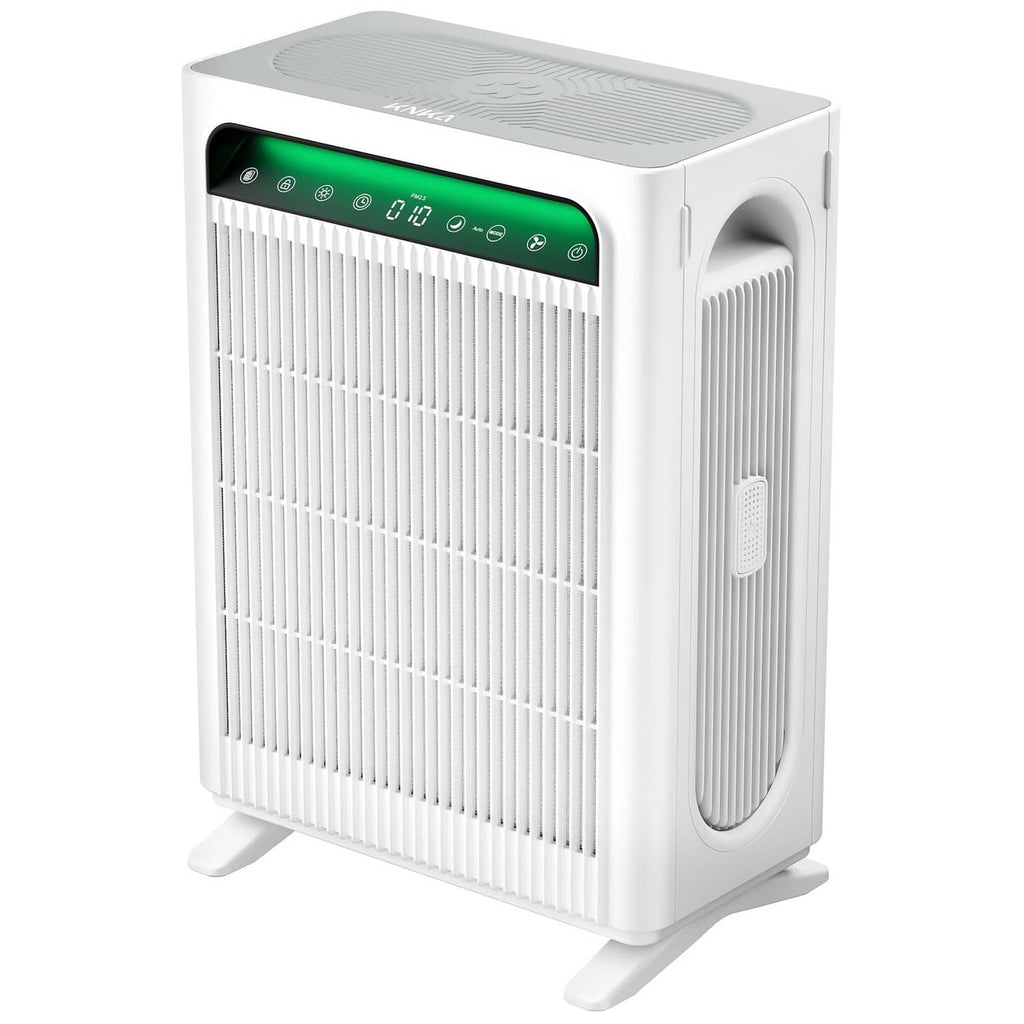 White air purifier with front grille and digital control display