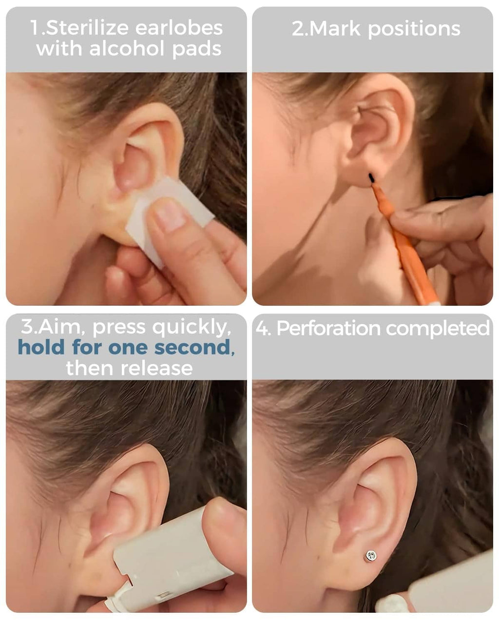 Disposable ear piercing gun kit demonstrating stud placement on an earlobe