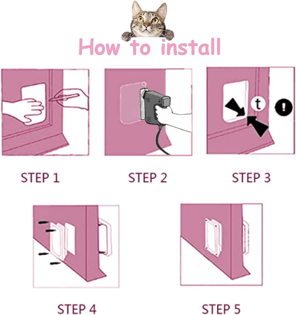 Cat door flap installation steps graphic with mounting hardware illustration