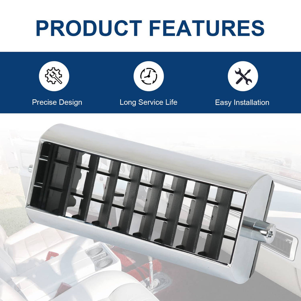 A/C dash vent set installed concept: black slat grille in silver housing for easy replacement.