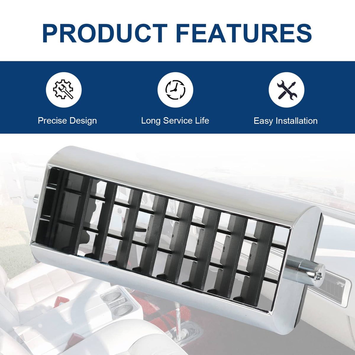 A/C dash vent set installed concept: black slat grille in silver housing for easy replacement.