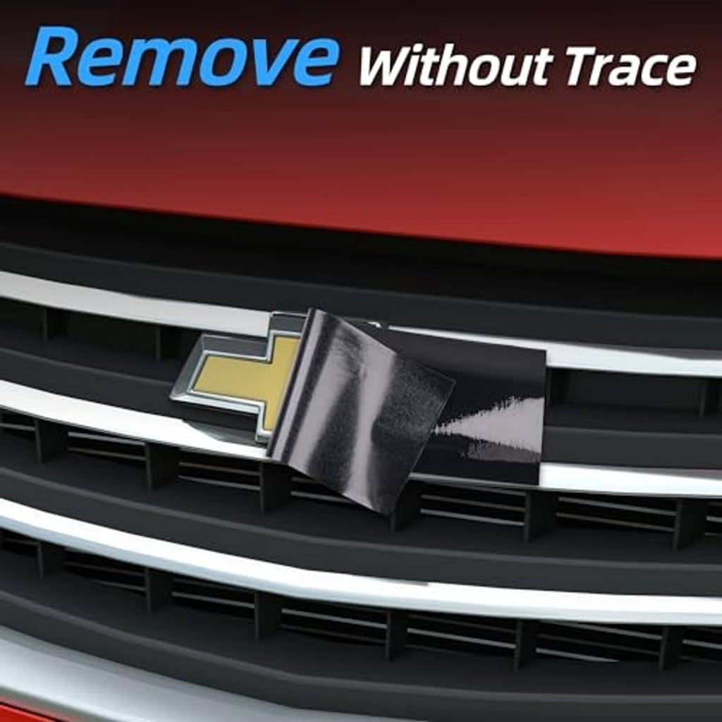Glossy black vinyl wrap positioned on grille for emblem protection and a clean fit.