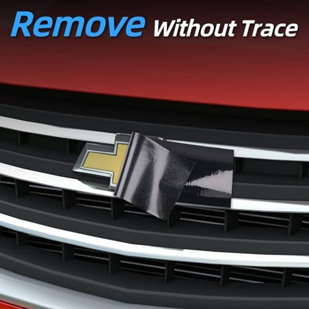 Glossy black vinyl wrap positioned on grille for emblem protection and a clean fit.