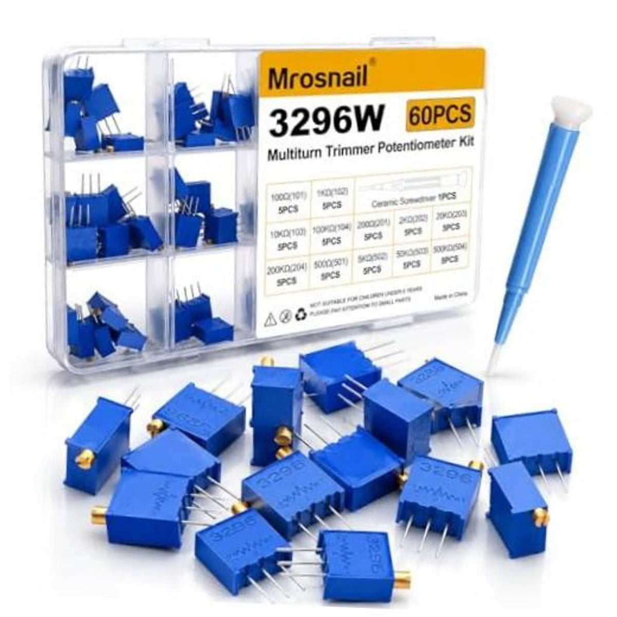 3296W multiturn trimmer potentiometer kit with blue 60-piece assortment in clear box