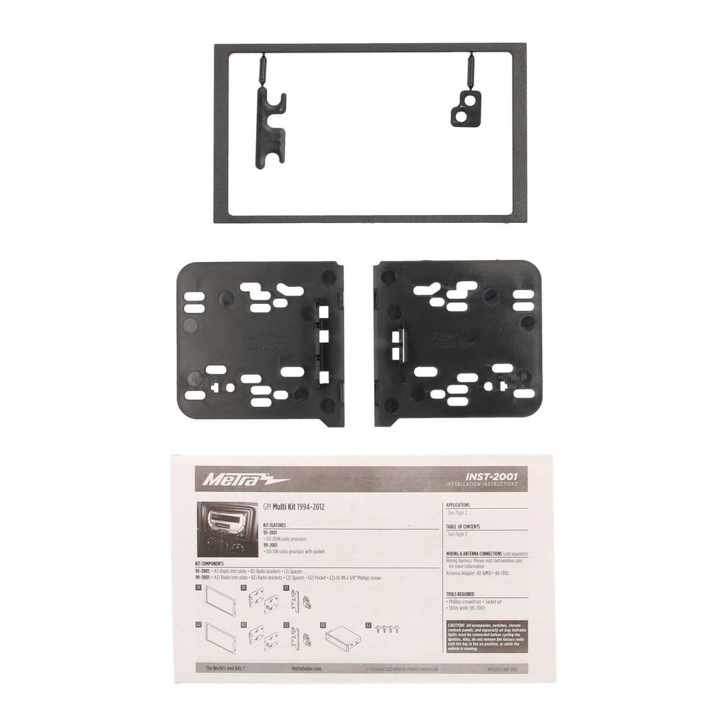 Black double DIN dash kit frame, side brackets, and INST-2001 label sheet