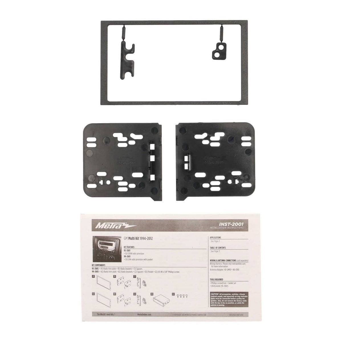 Black double DIN dash kit frame, side brackets, and INST-2001 label sheet