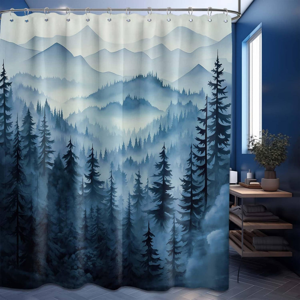 Navy blue forest scene shower curtain with pine trees and distant mountain ranges
