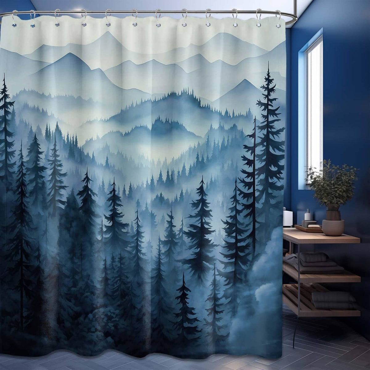 Navy blue forest scene shower curtain with pine trees and distant mountain ranges