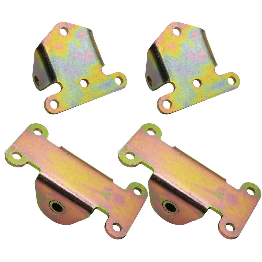 Steel motor mount brackets with bushing inserts and mounting holes, iridescent finish