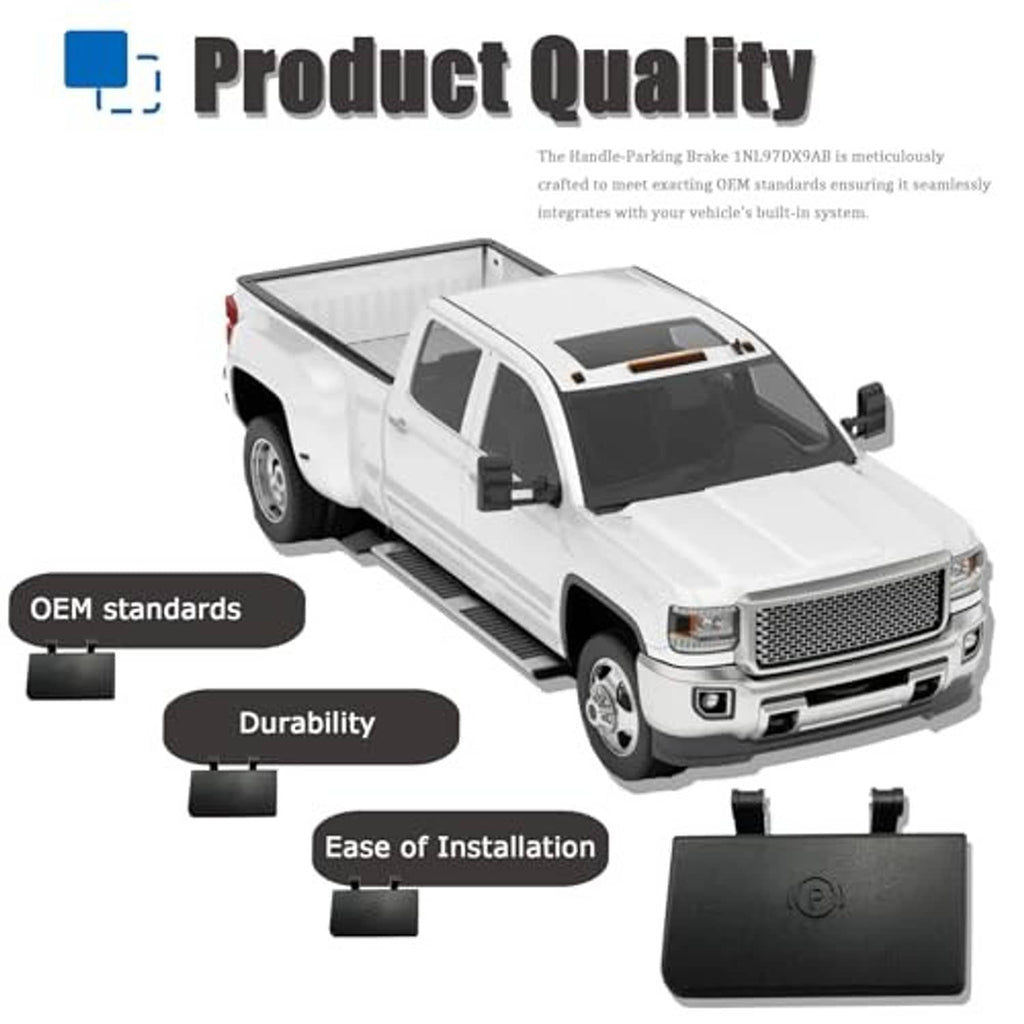 Black parking brake release handle cover with 'P' emblem, front view
