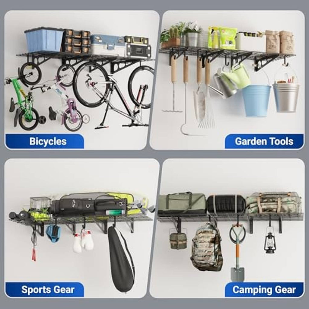 Black storage hooks used for organizing bicycles, garden tools, sports gear, and camping gear