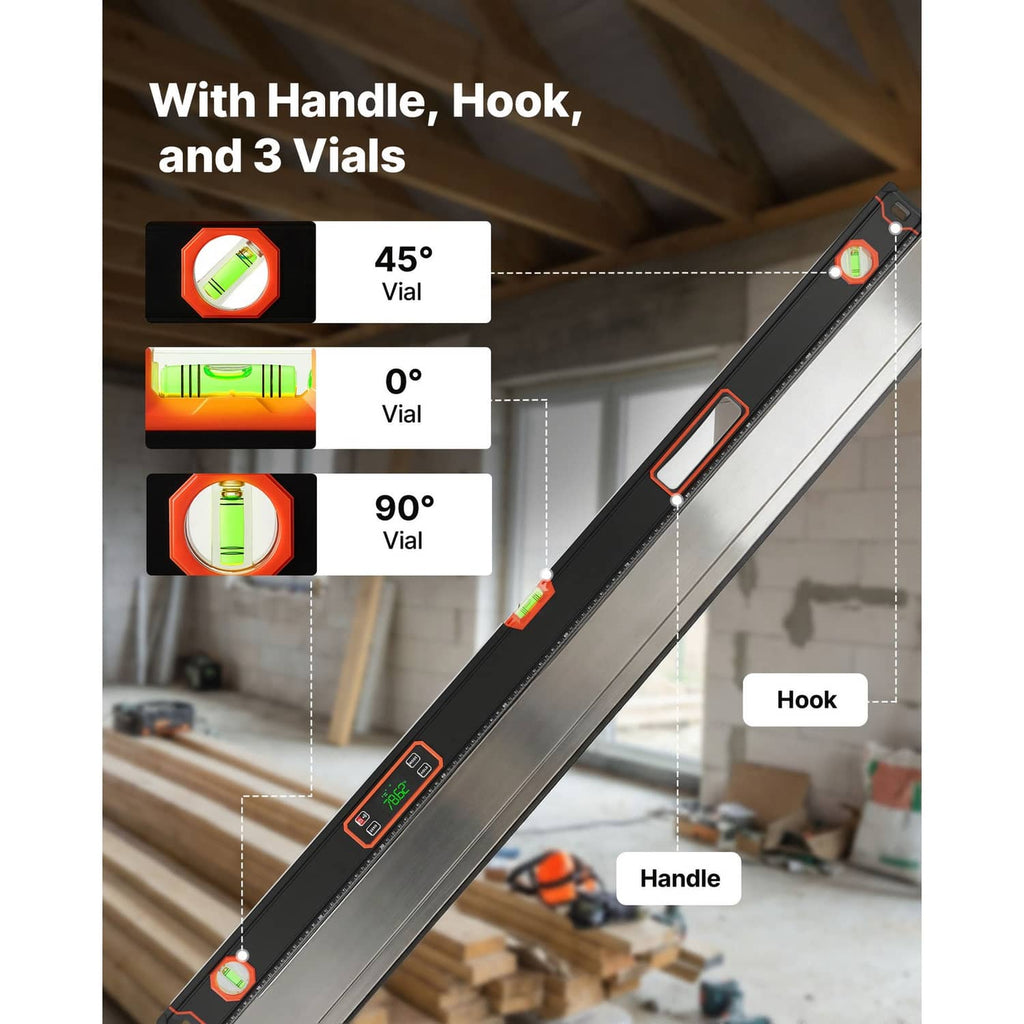Digital level with handle, hook, and three vials plus LED angle readout