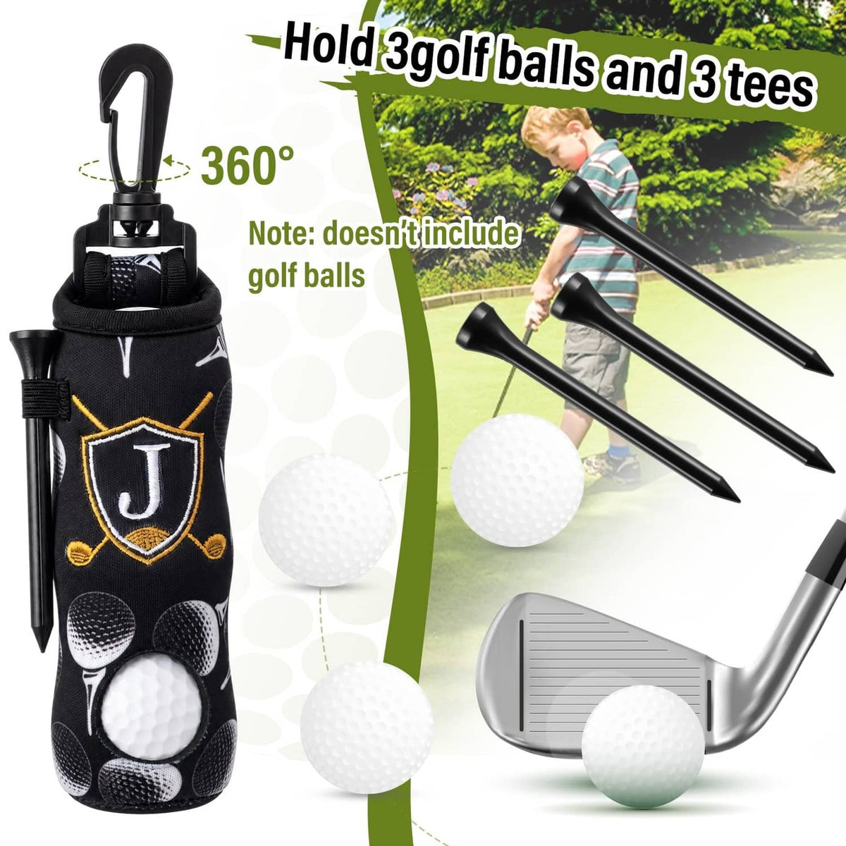 Black golf tee and ball holder pouch with 3 tees and attached divot tool