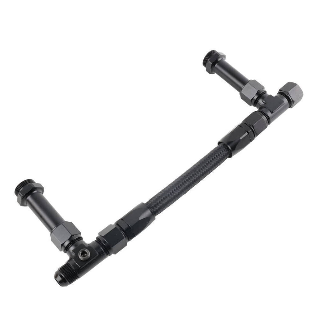 Dual-branch braided fuel line with black AN fittings and top elbow ends