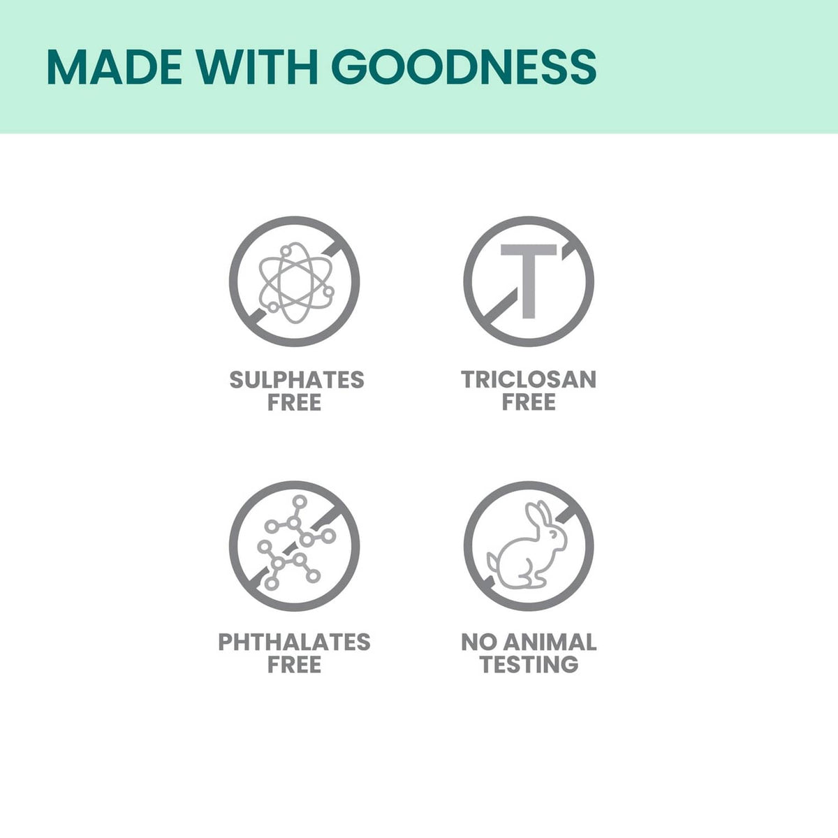 Cleansing bar icons: sulphates-free, triclosan-free, phthalates-free, no animal testing