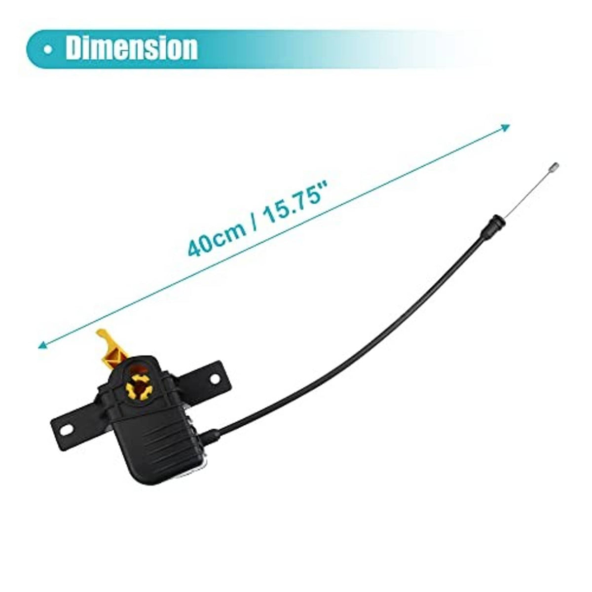 Hood release cable with yellow latch housing and black bracket, 40 cm length