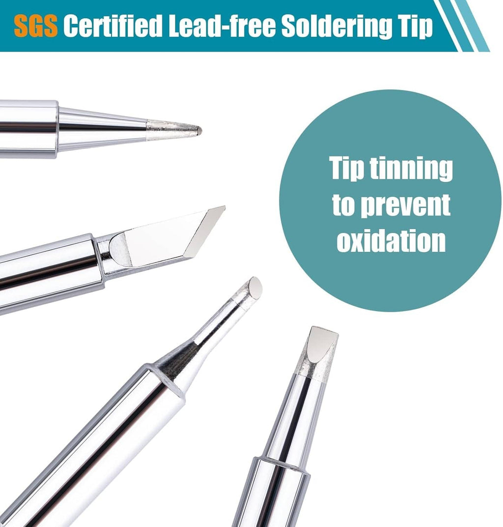 Lead-free soldering tip set with several metal tips and tip tinner shield graphic