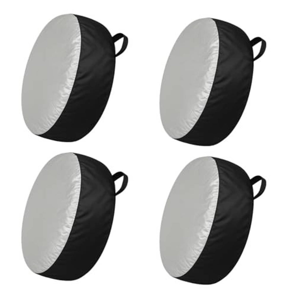 Round tire cover bag in black and gray with white center panel and side drawstring loops