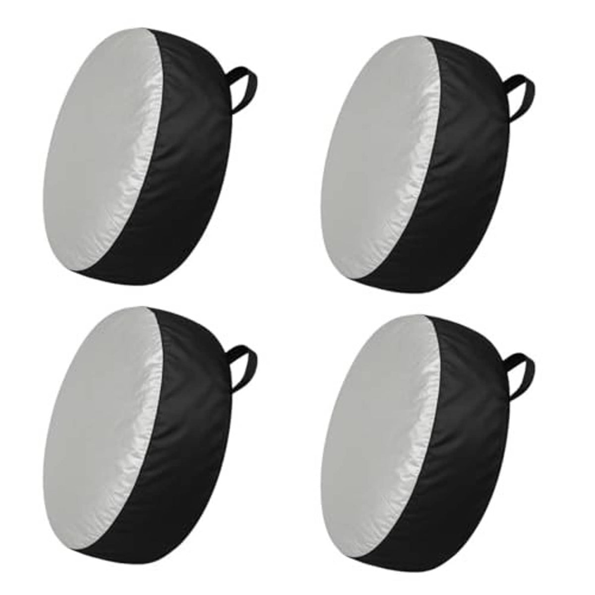 Round tire cover bag in black and gray with white center panel and side drawstring loops
