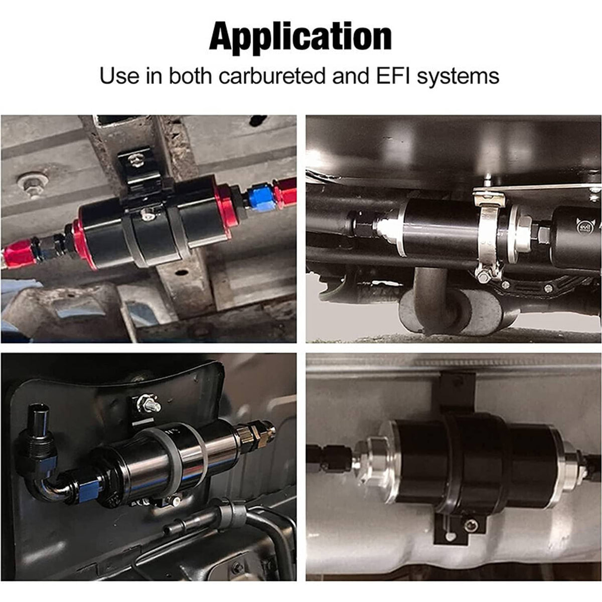 Inline fuel filter assembly installed in engine fuel line with black canister