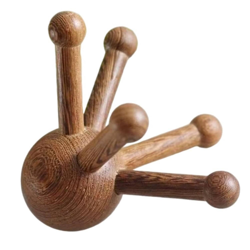 Brown 5-legged wooden trigger point massage tool with rounded knobs and multi-arm head.