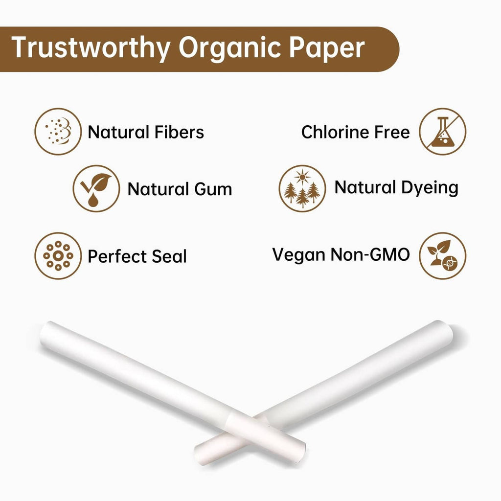 White pre-rolled cones with organic paper feature icons on packaging layout