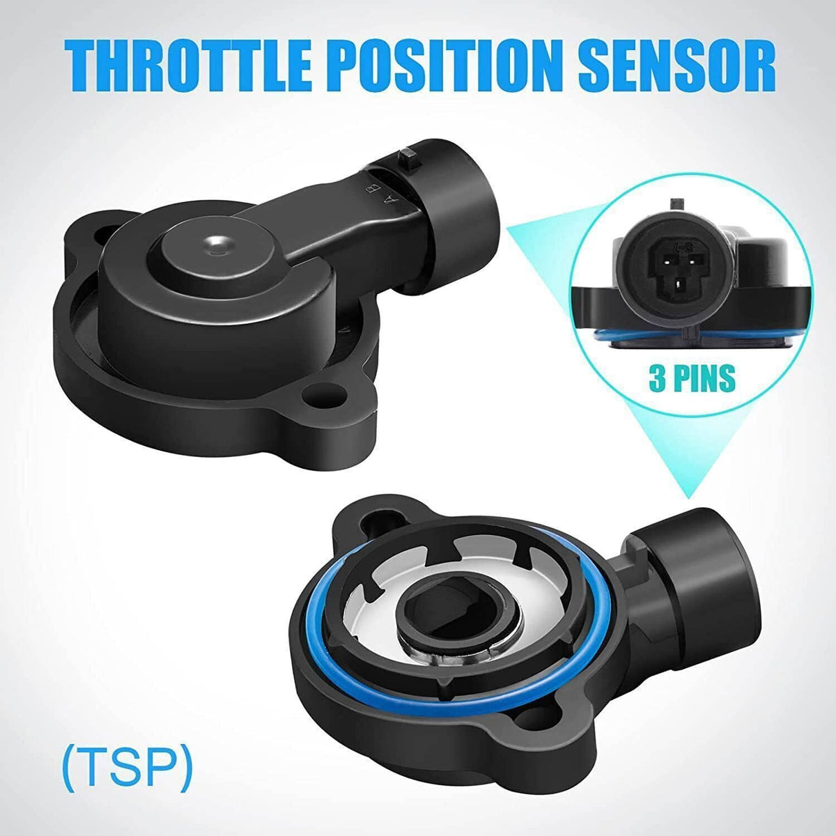Throttle position sensor with 3-pin electrical connector, black body, and blue seal ring