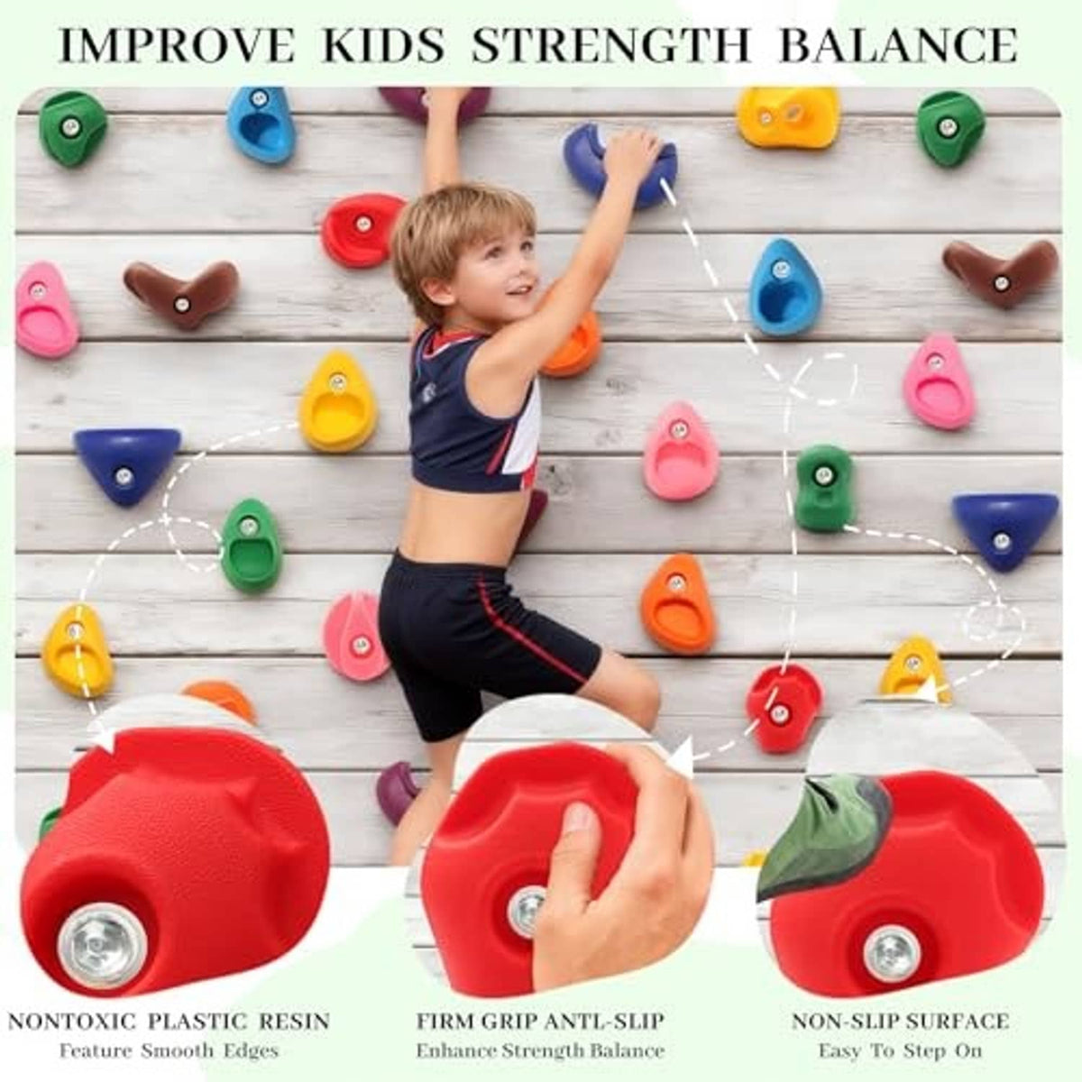 Kids climbing wall grip set with multicolor holds mounted on a wooden panel
