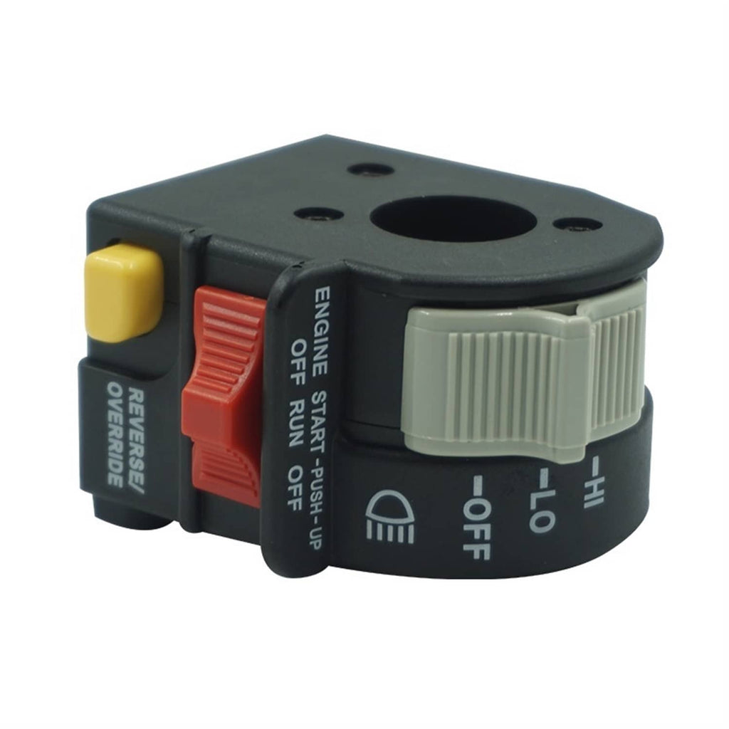 Left handlebar switch top view with HI/LO and OFF buttons, red, yellow, and gray controls