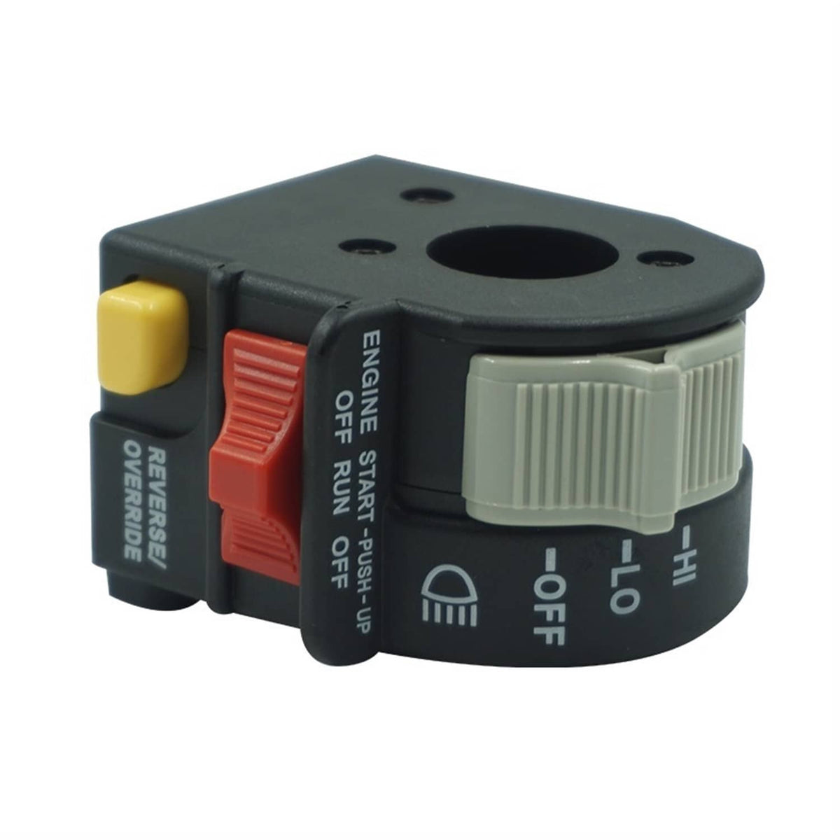 Left handlebar switch top view with HI/LO and OFF buttons, red, yellow, and gray controls