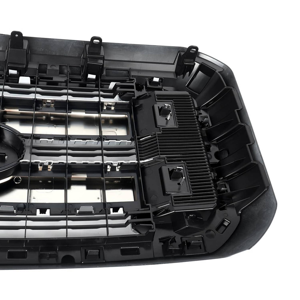 Front upper grille internal view with black plastic ribs and grille grid