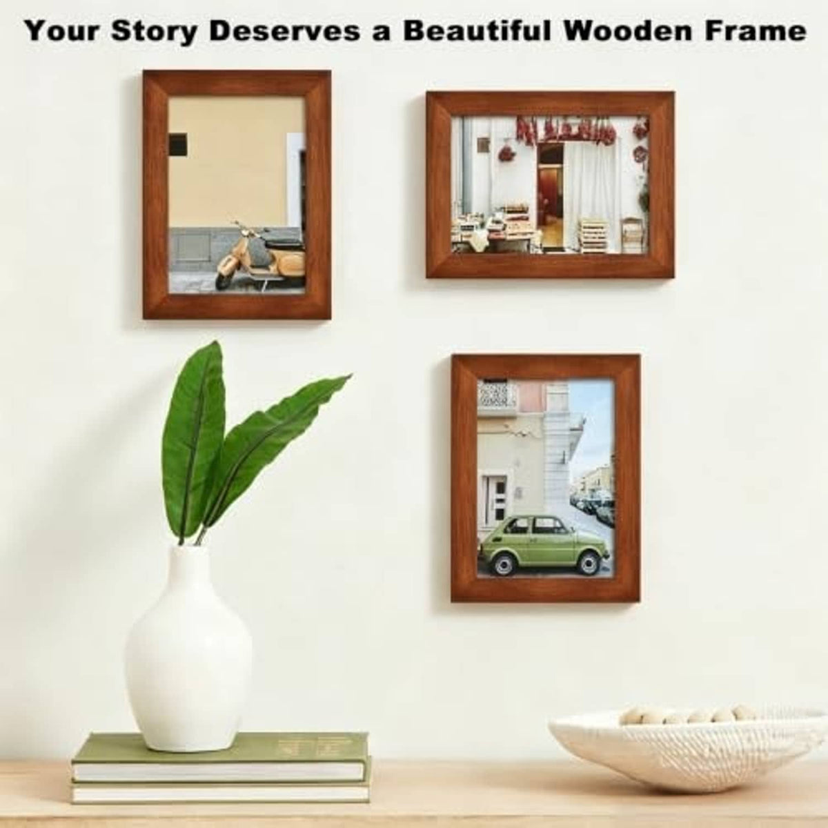 Three brown wood picture frames with glass covers featuring different photos